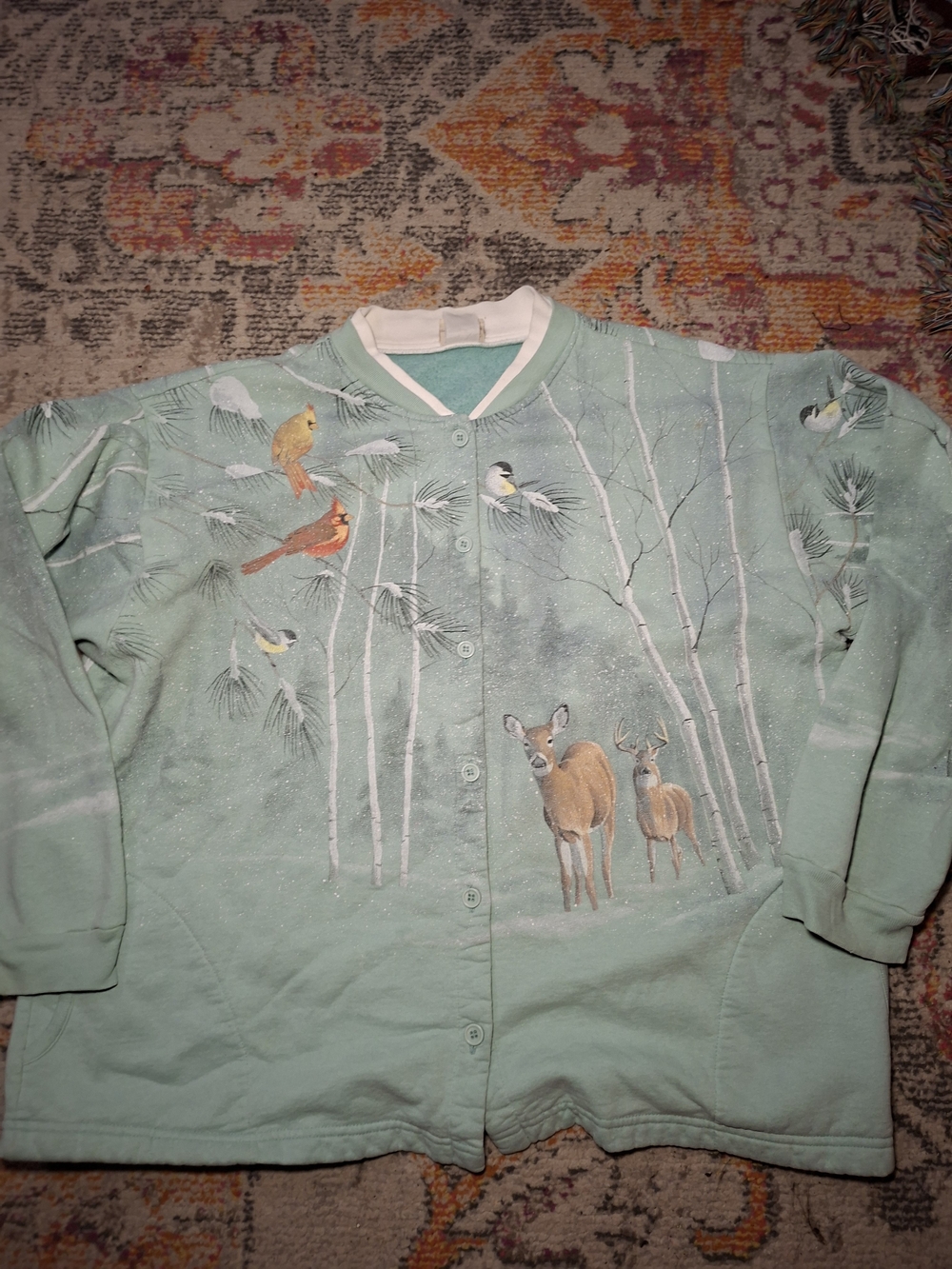 Artisan Mint Green Woodland Deer & Bird Womens Sweater